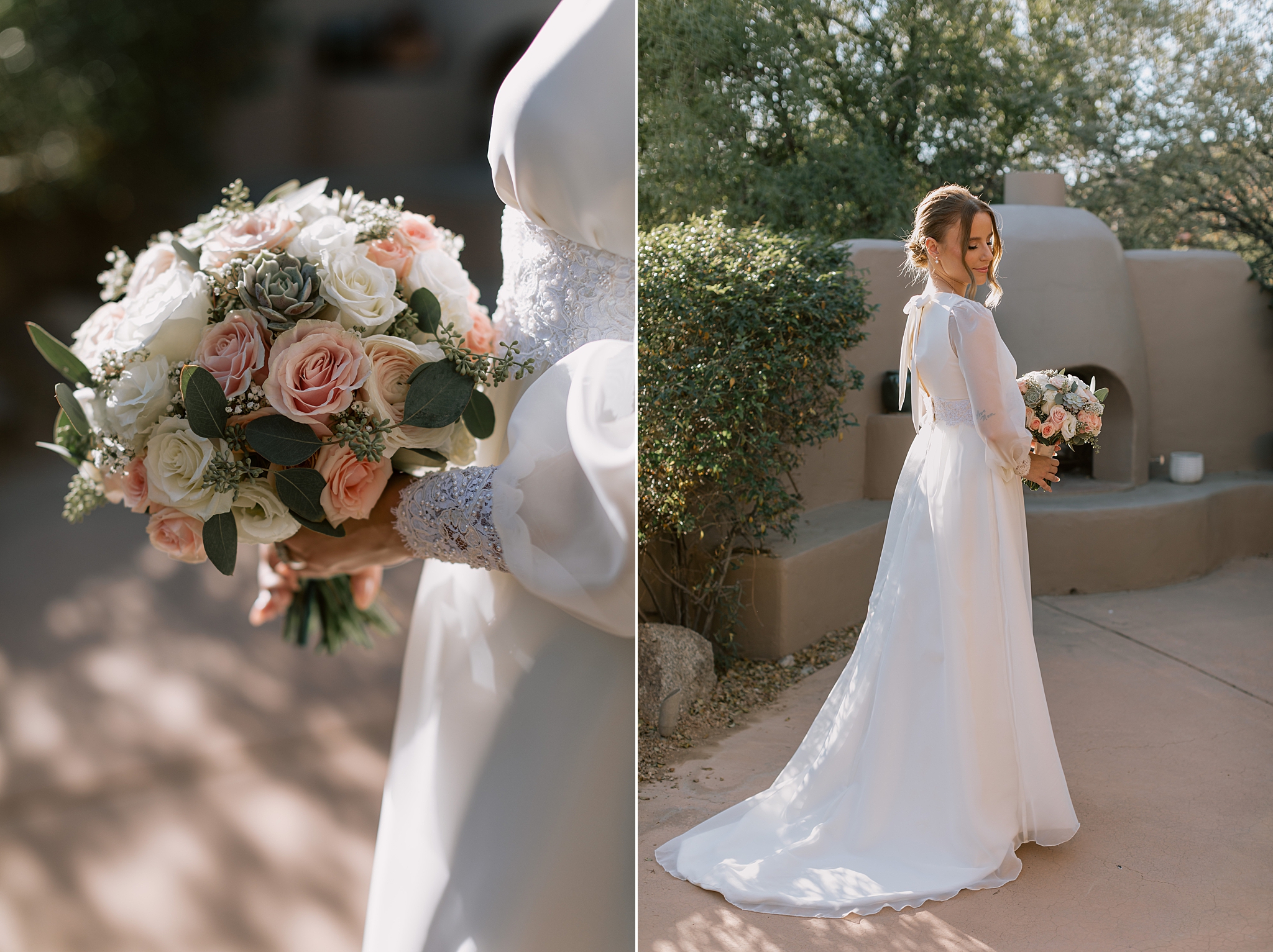 bride’s handmade wedding dress and flowers at an intimate desert wedding in Scottsdale.