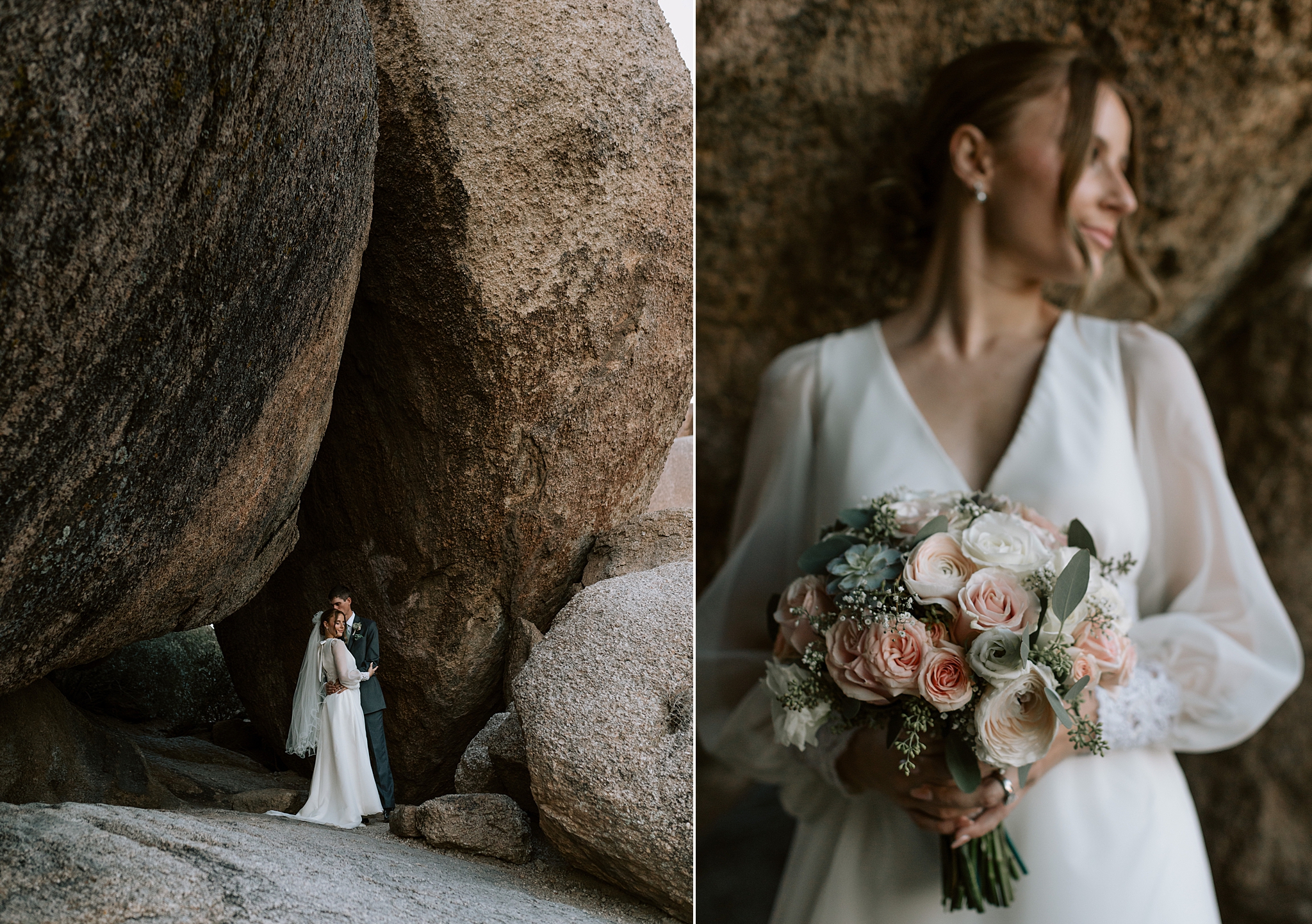 Bride and groom embracing at golden hour among the boulders at The Boulders Resort, a top Scottsdale wedding venue.