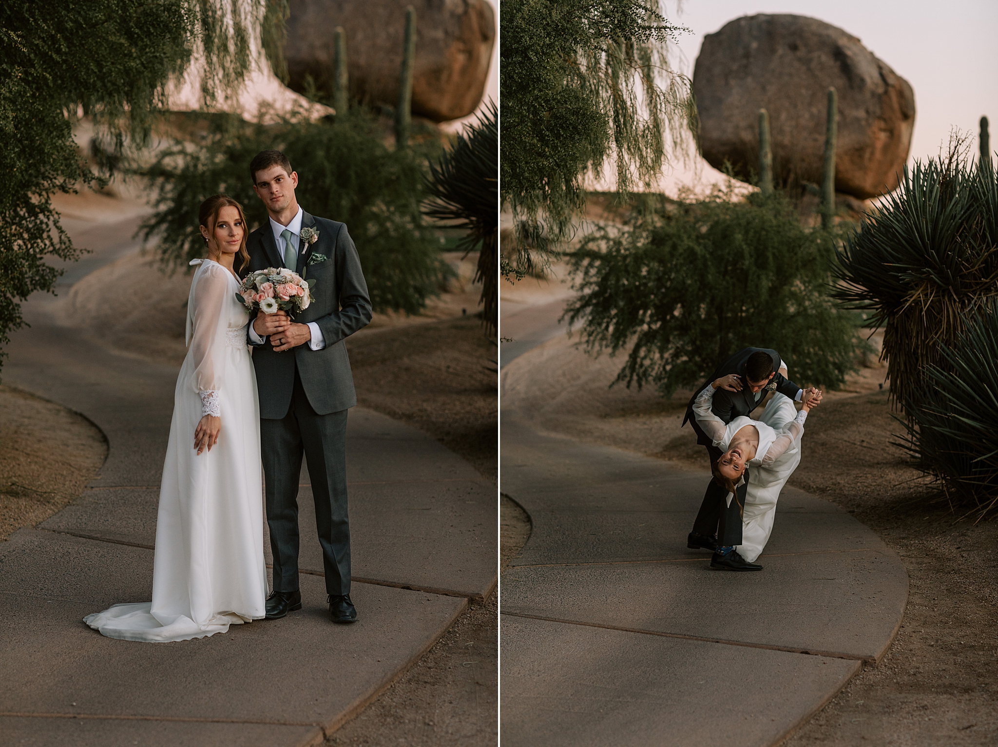 Newlyweds laughing together in the desert garden at The Boulders Resort, capturing a joyful and intimate wedding moment.