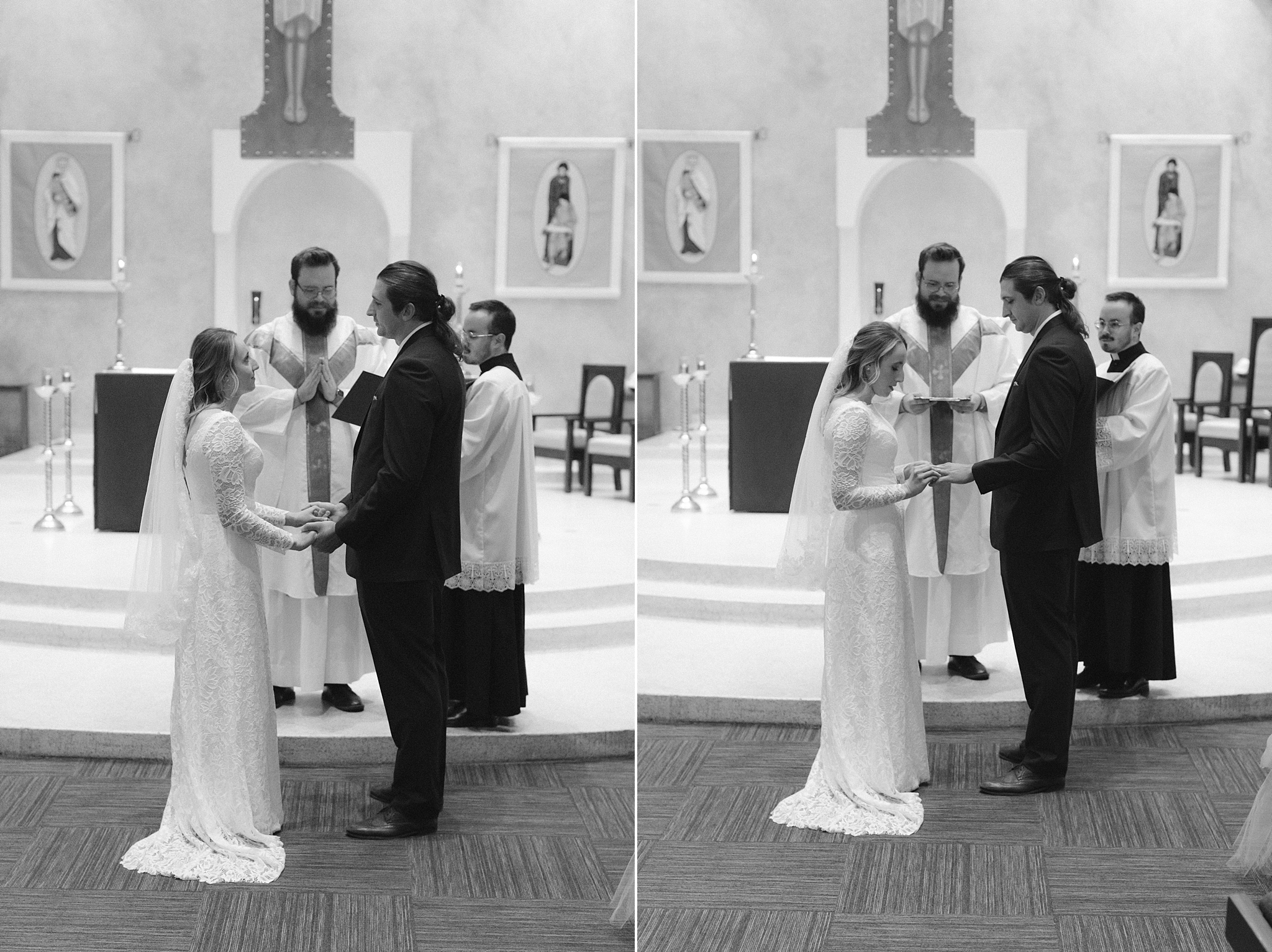 Allison and Kevin exchange vows in a traditional Catholic ceremony at Our Lady of Mount Carmel Catholic Church