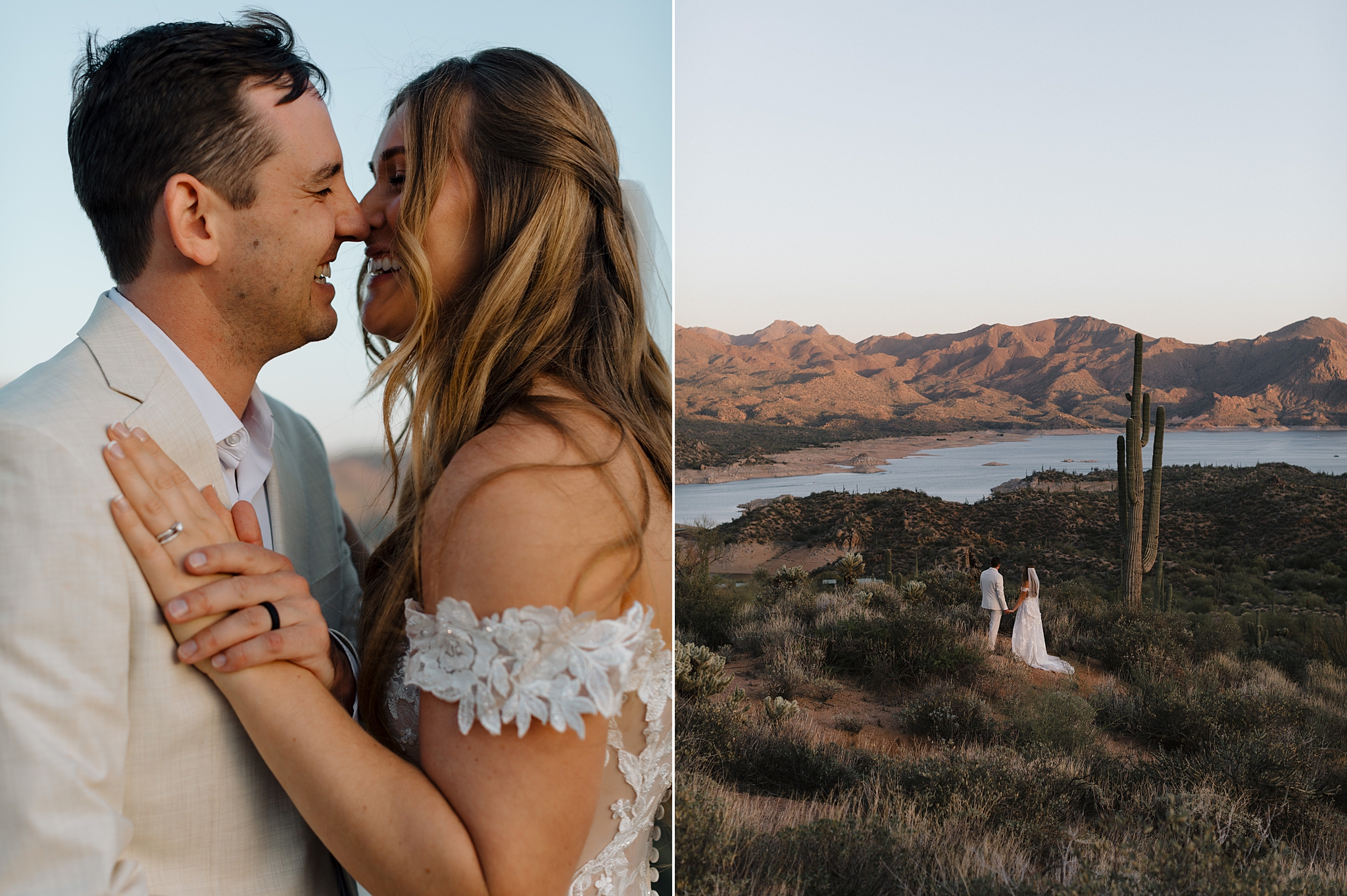 Golden hour light over Arizona wedding couple