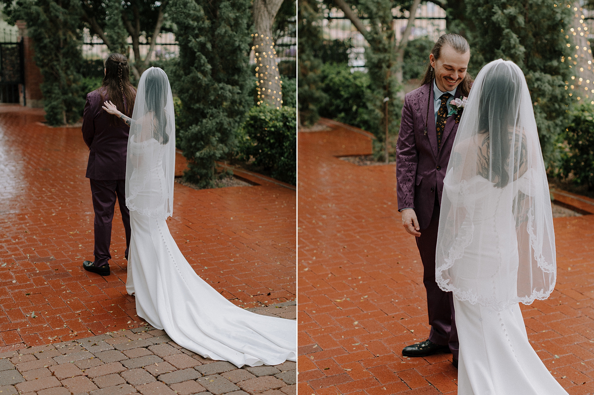 Bride and grooms first look under the trees in light rain