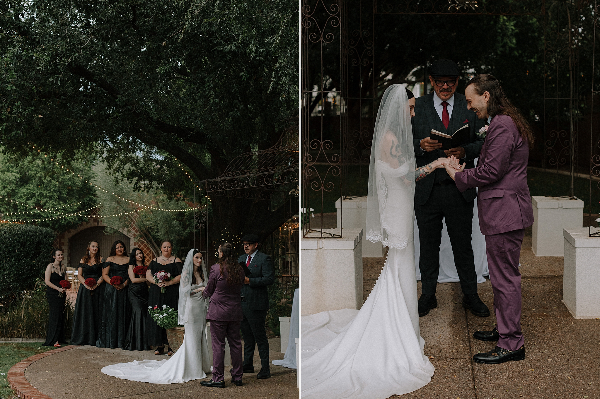 Bride and groom exchanging vows under the trees in light rain