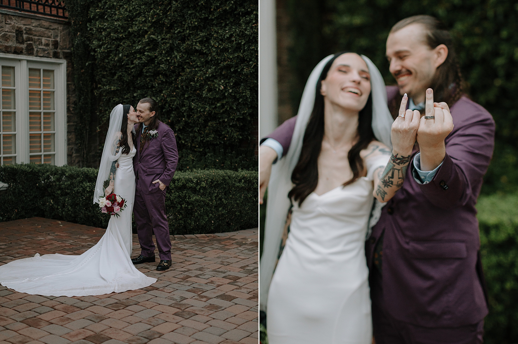 Bride and groom laughing together after the ceremony in the rain