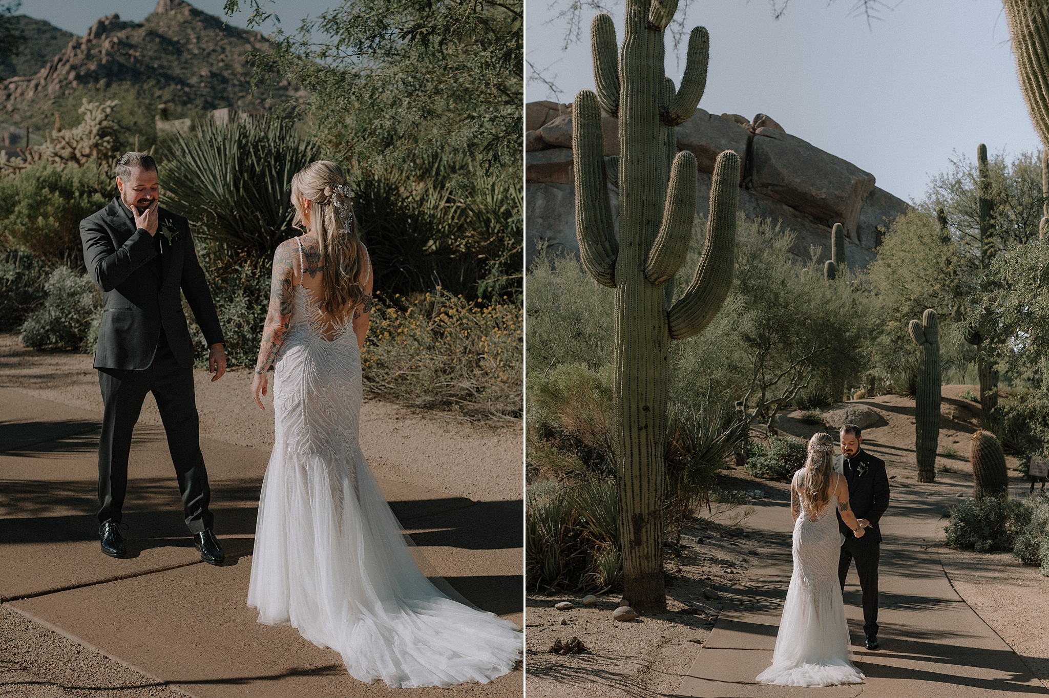 Bride walking through desert path with wedding gown catching sunset light behind her.
