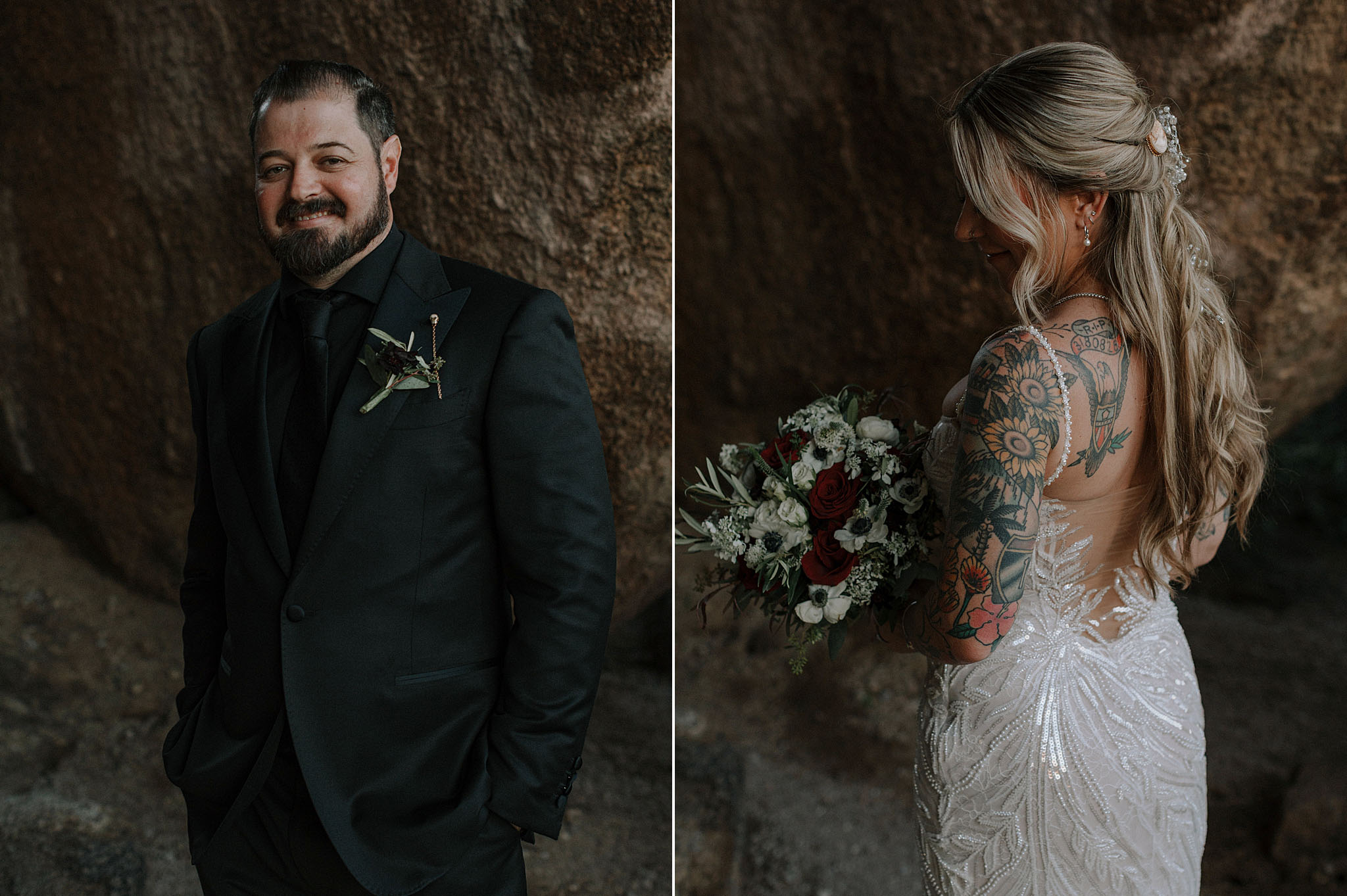 Close-up of bride holding bouquet with soft neutral florals against the desert landscape.