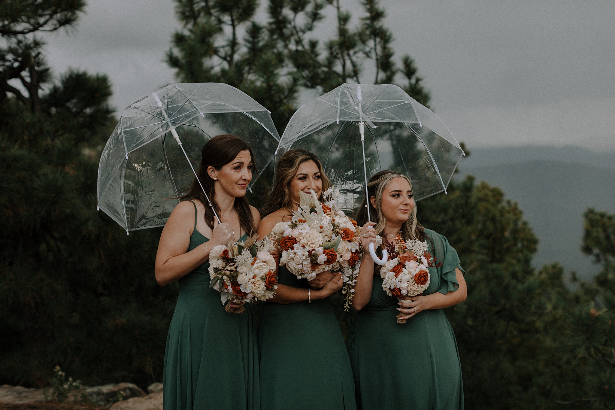 Rainy ceremony with umbrellas at Mogollon Rim overlook