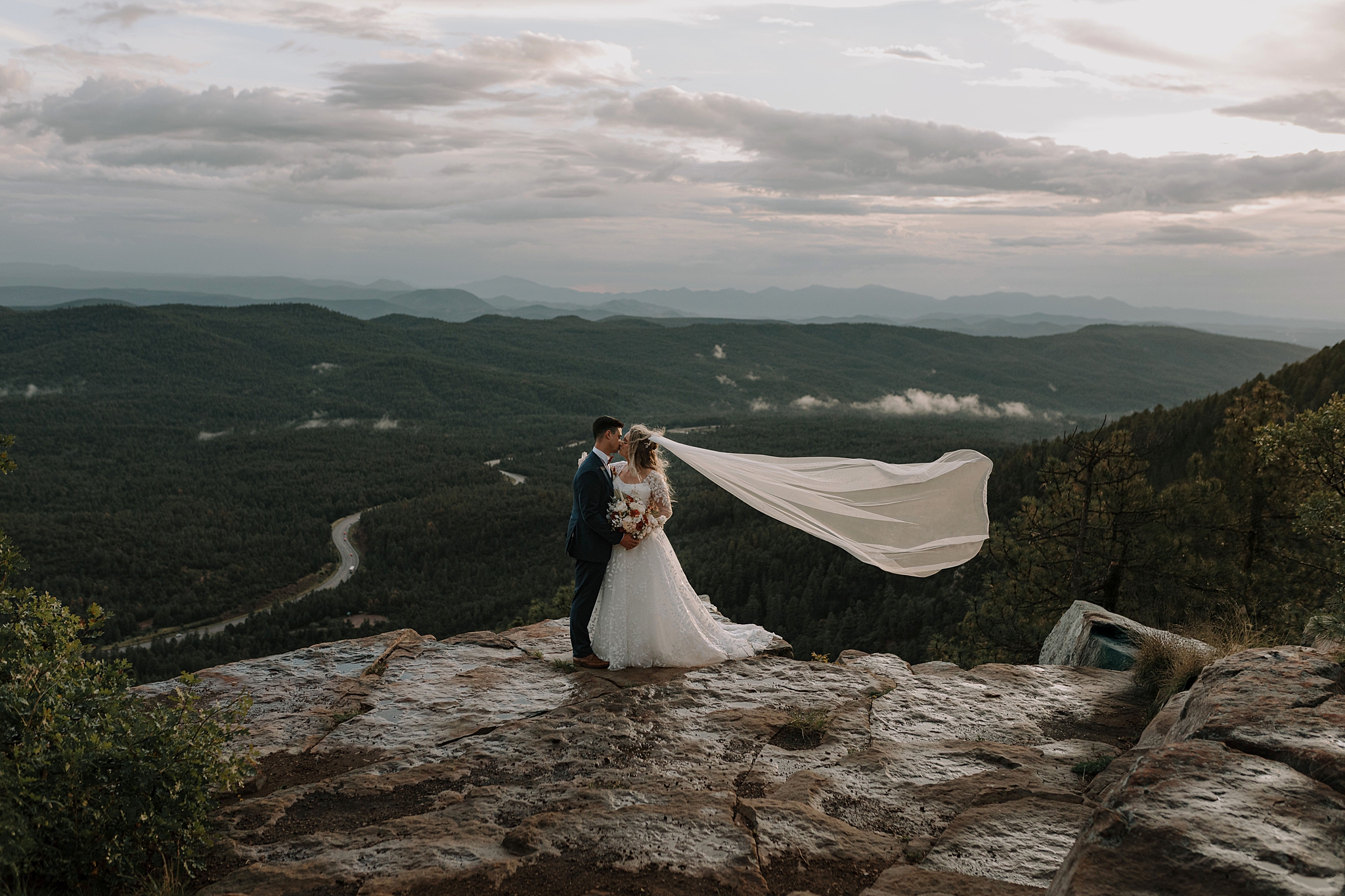Sunset on the Mogollon Rim with Bride and Groom