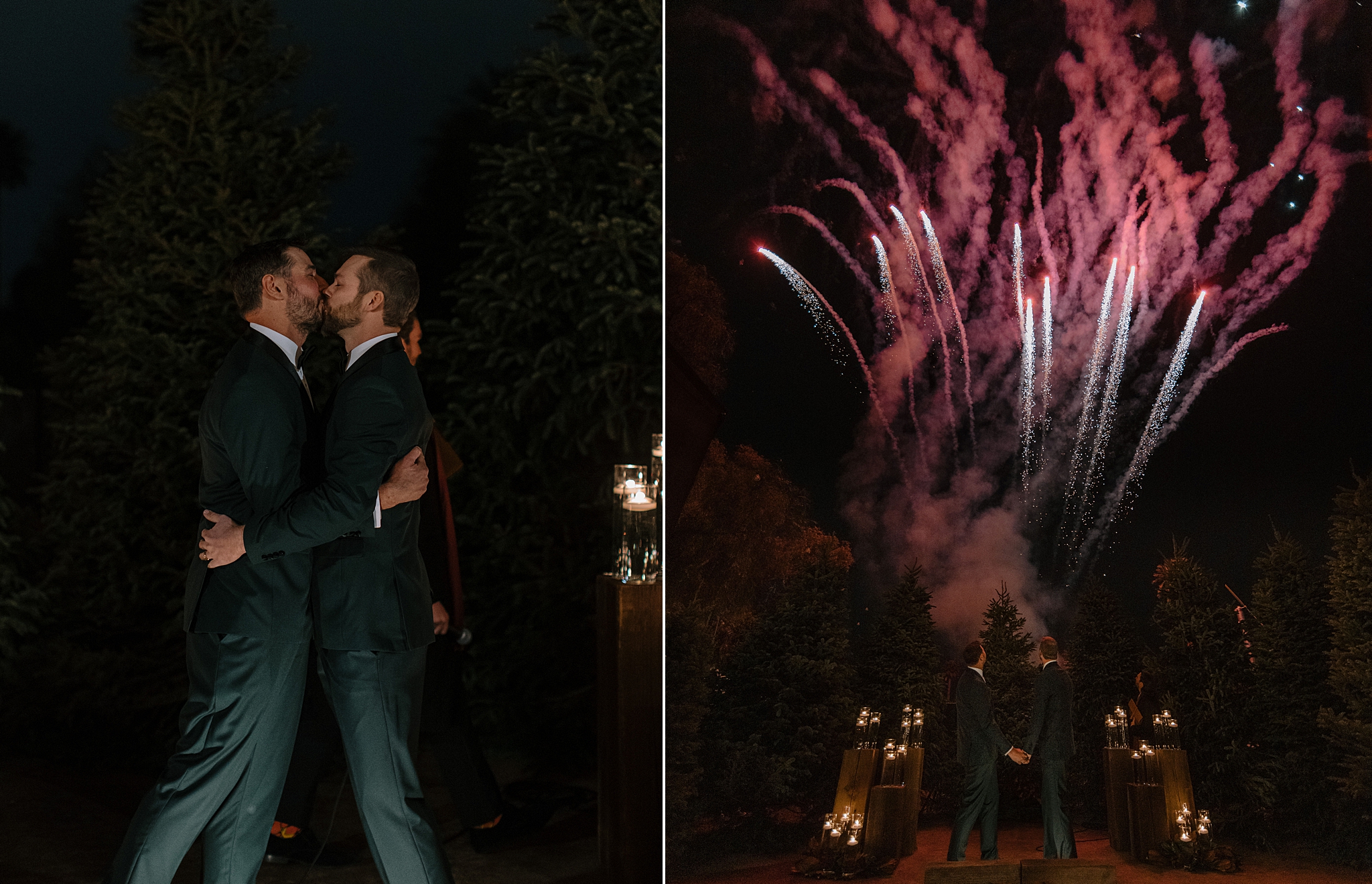 Two grooms standing together beneath fireworks after their New Year’s Eve wedding in Phoenix