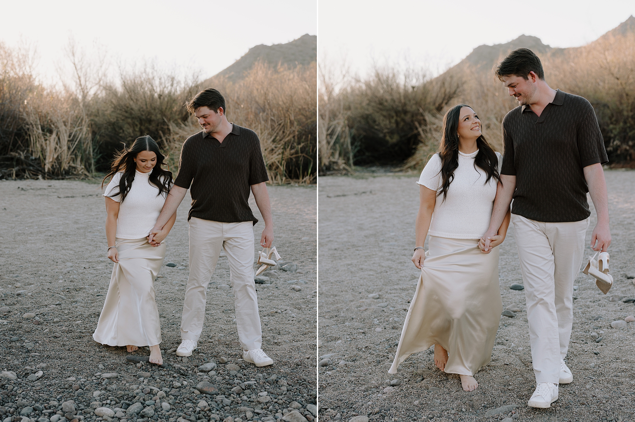 “Couple walking through desert landscape at sunset in Mesa, Arizona”