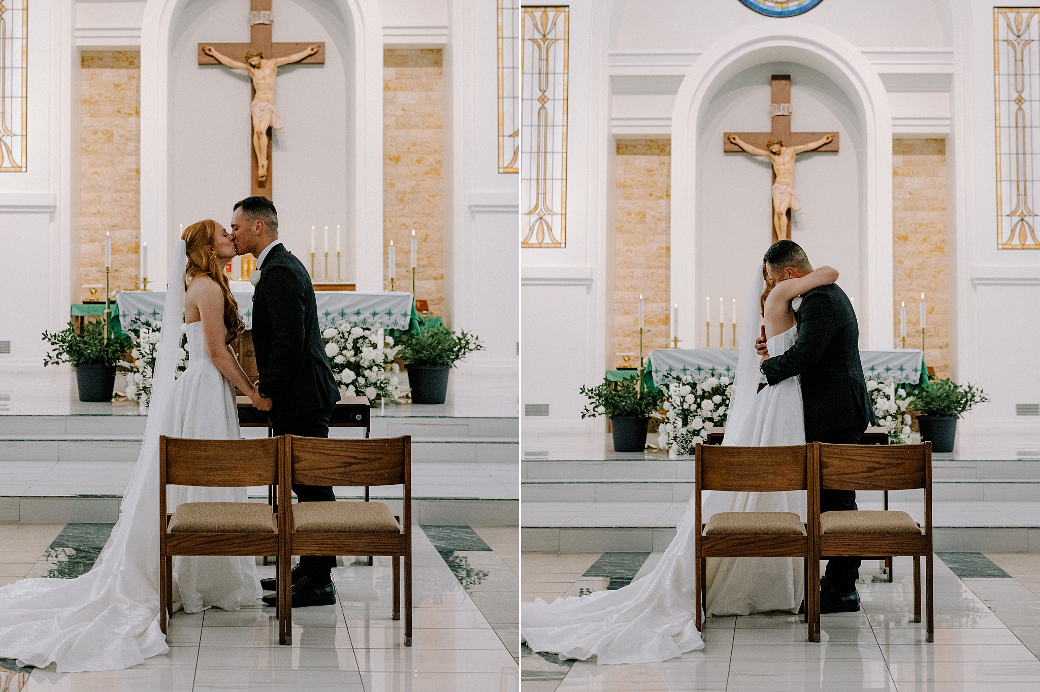 Bride and groom first kiss at Saint Benedict Catholic Church Phoenix