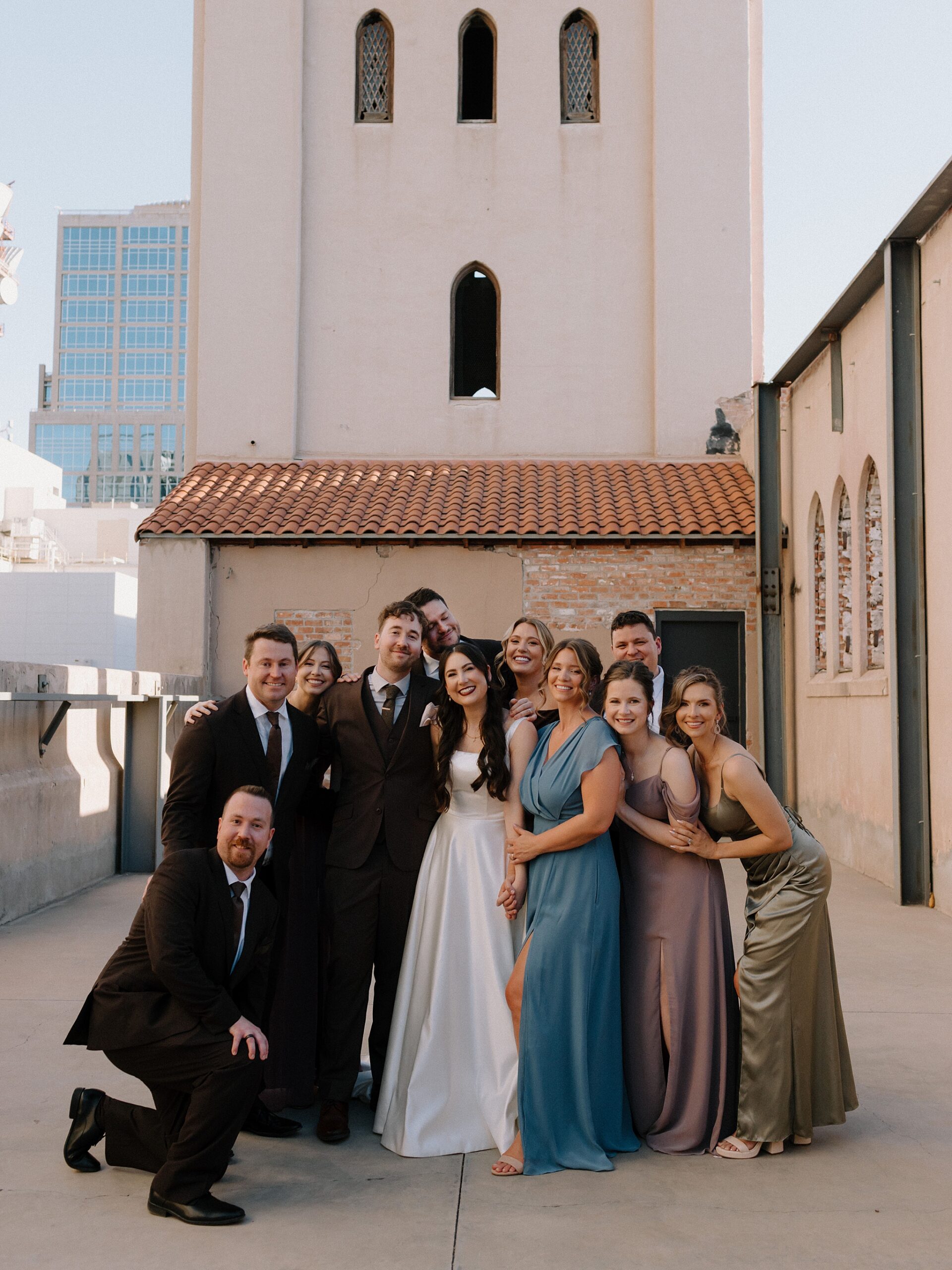 Wedding party on the rooftop at the Monroe street abbey in Phoenix, Arizona