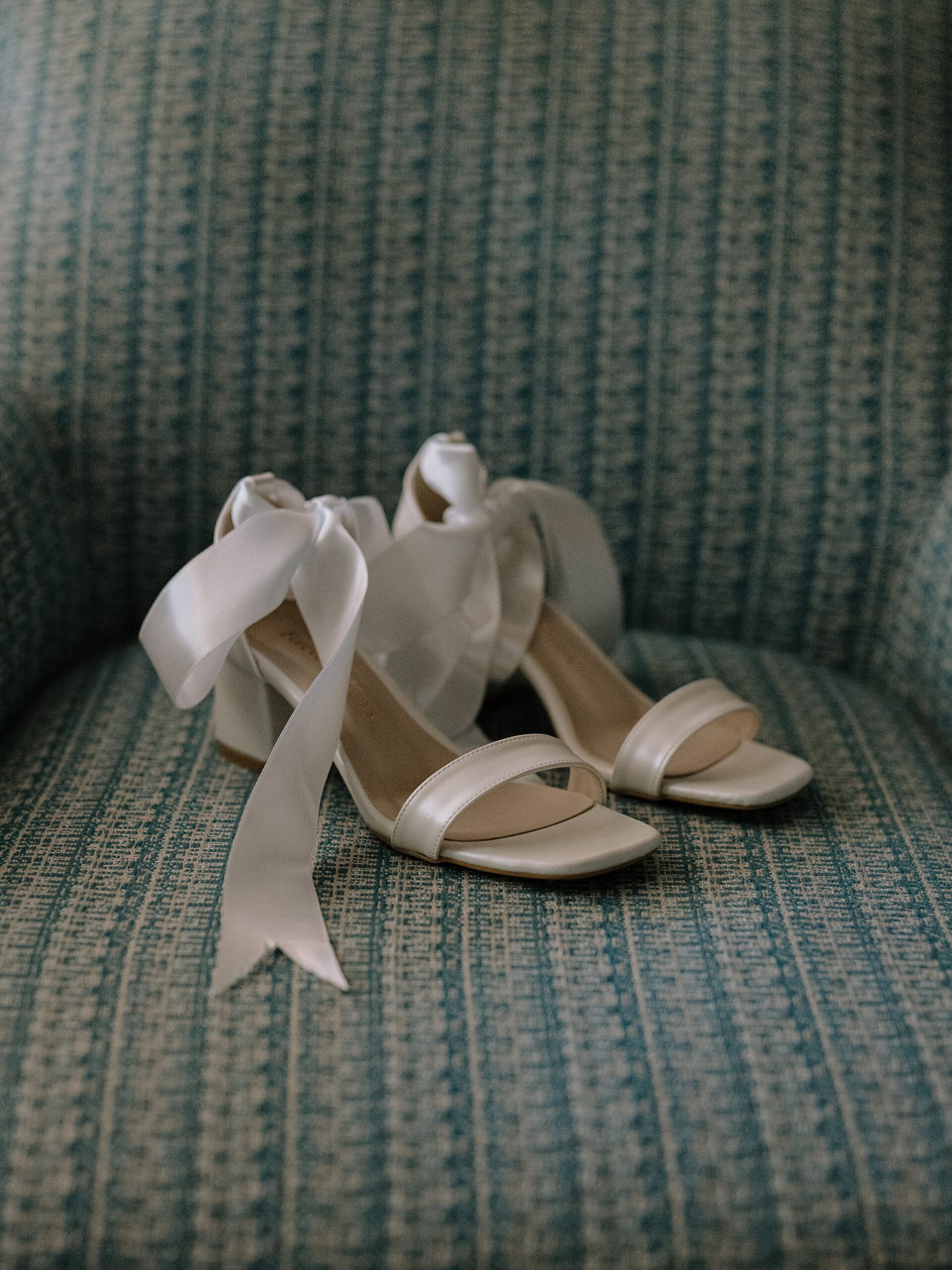Brides Cream heels with a ribbon tie, backyard wedding in Phoenix, AZ