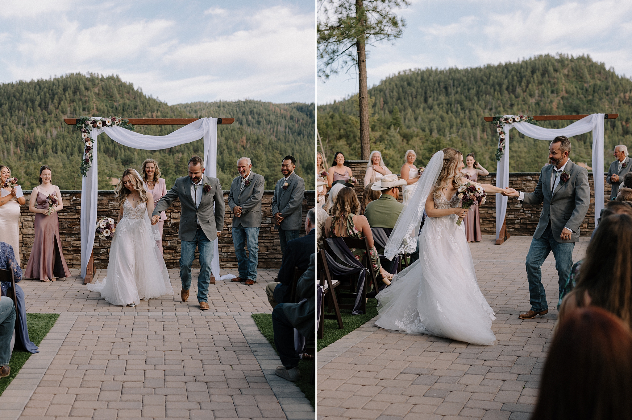 Bride and groom walking back down the aisle after their ceremony at Cabins on Strawberry Hill in Arizona 