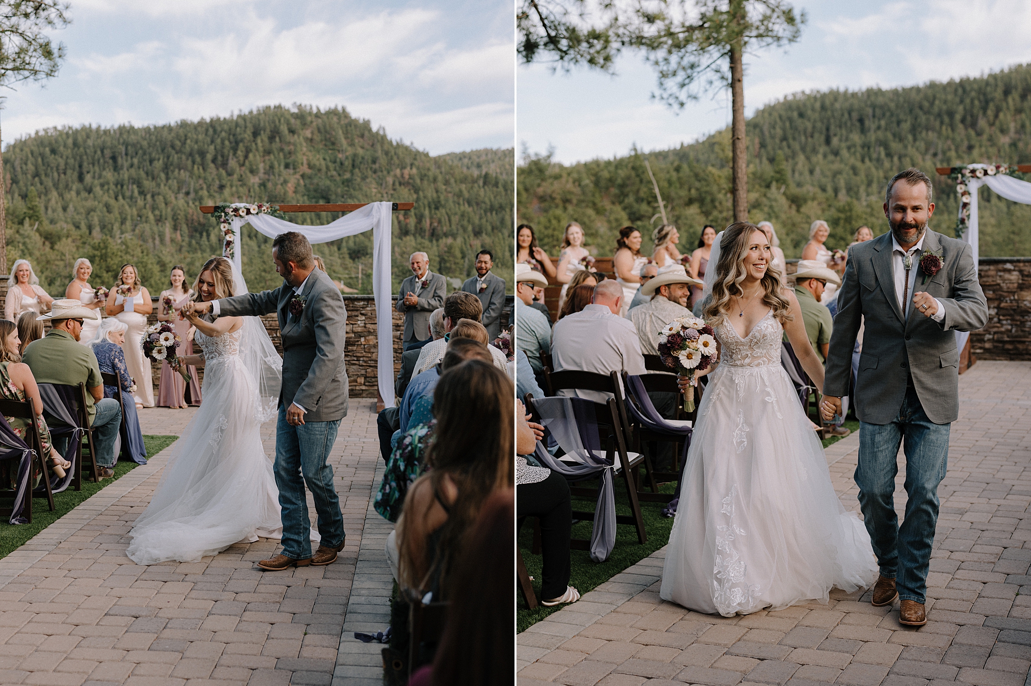 Bride and groom walking back down the aisle after their ceremony at Cabins on Strawberry Hill.
