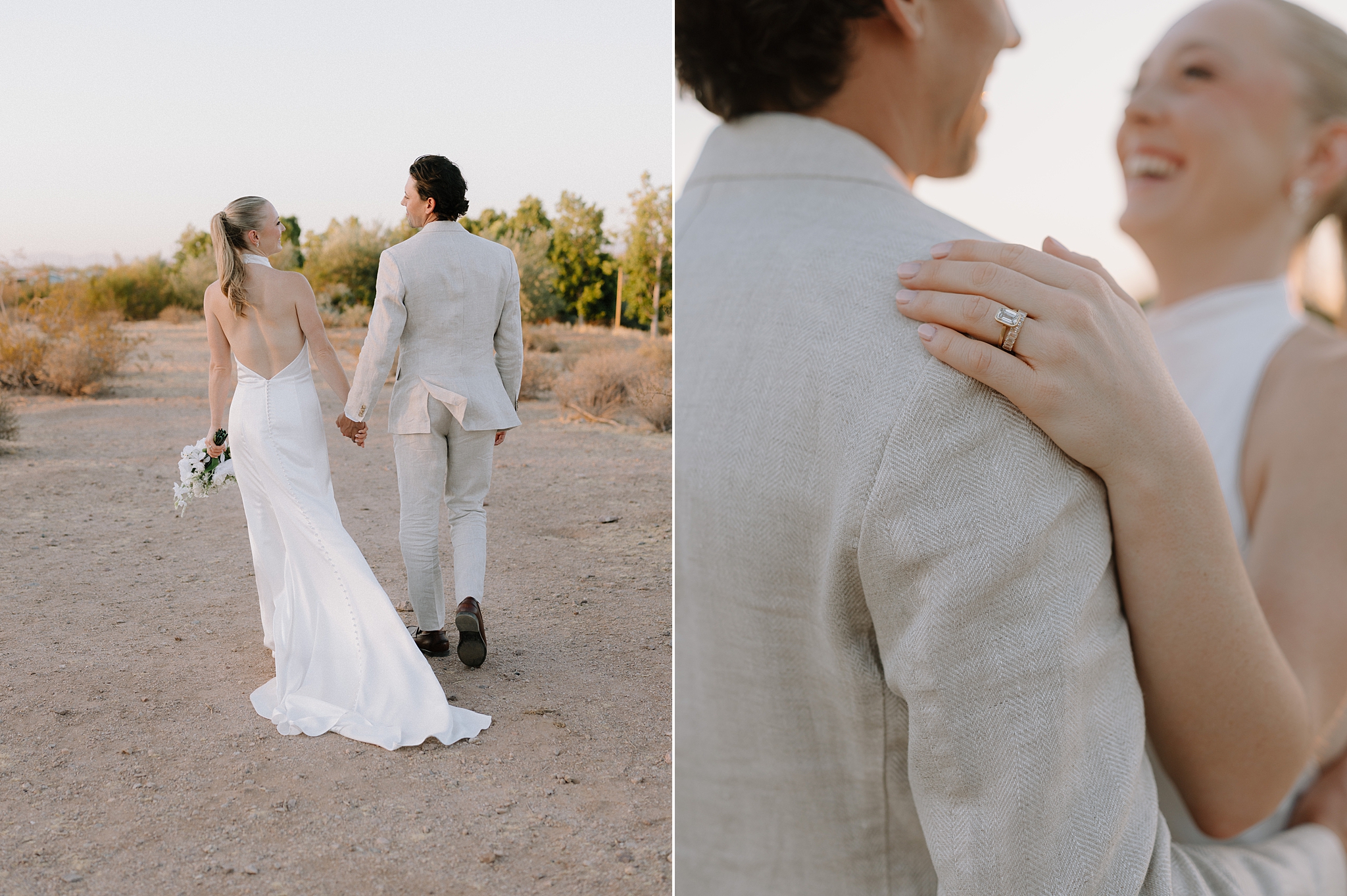 Newly married couple laughing during desert portraits at Desert View Weddings & Events in Arizona